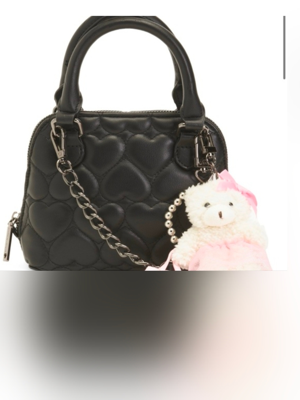 Black Quilted Heart Satchel Handbag with Teddy Charm - Picture 2 of 6